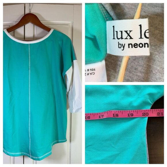Neon Buddha Shirt Womens Small Turquoise Gray‎ White Color Block Active Top Yoga - Picture 1 of 14